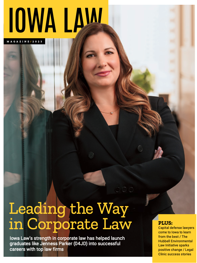 2023 Iowa Law Magazine Cover featuring alum Jenness Parker (04JD)