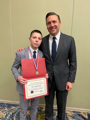 Tim Semelroth and his son Joe Semelroth at the Iowa High School State Mock Trial Tournament