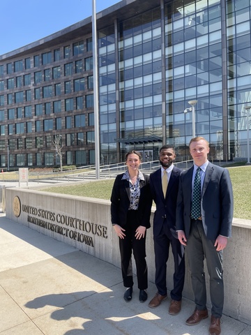 AJ Brantley, Sarah-Rose Ballard, Trevor Hurd outside of courthouse after a case for the Federal Criminal Defense Clinic